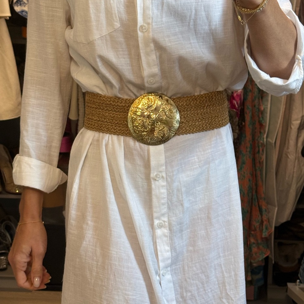 Vintage Woven Tan Belt with Ornate Gold Buckle